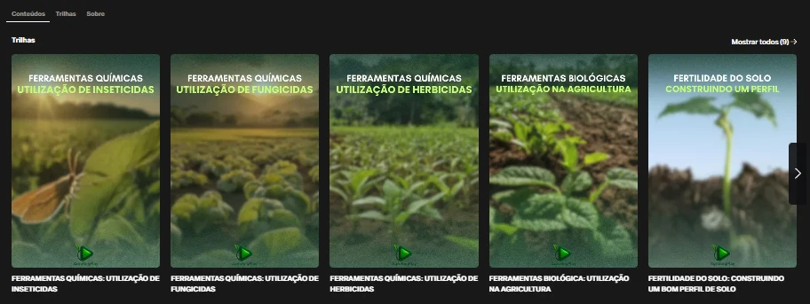 Imagem real da plataforma AgroSegPlay mostrando trilhas de inseticidas, fungicidas, herbicidas, ferramentas biológicas e fertilidade do solo